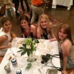 Four women smiling, laughing, and enjoying drinks.
