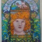 Woman with flowers in stained glass window.