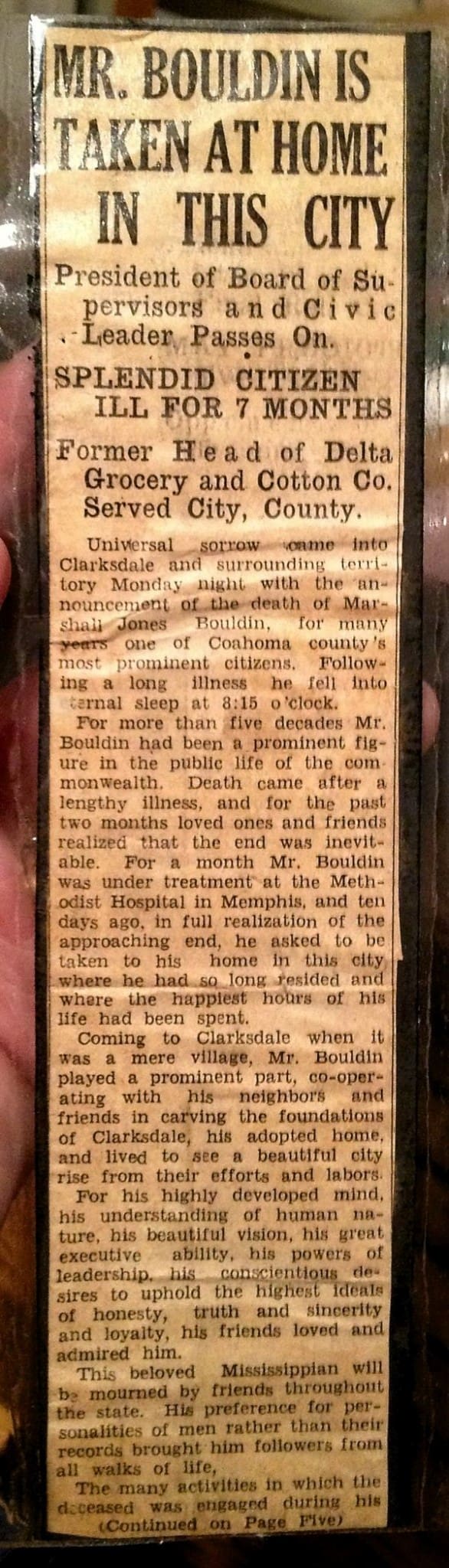 Newspaper clipping about death of Marshall Bouldin in 1940, prominent leader in Clarksdale and Coahoma County