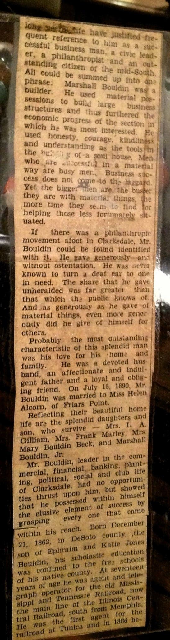 Newspaper clipping about death of Marshall Bouldin in 1940, prominent leader in Clarksdale and Coahoma County