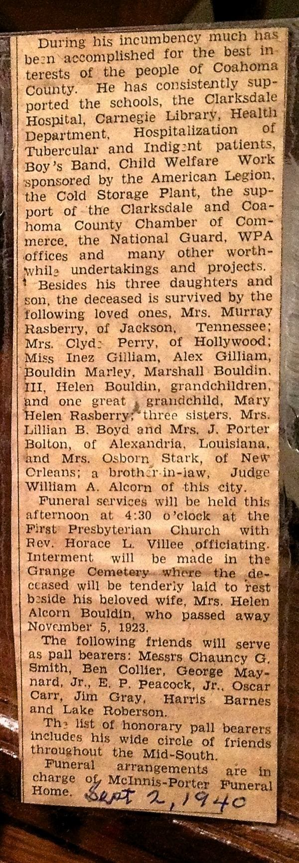 Newspaper clipping about death of Marshall Bouldin in 1940, prominent leader in Clarksdale and Coahoma County