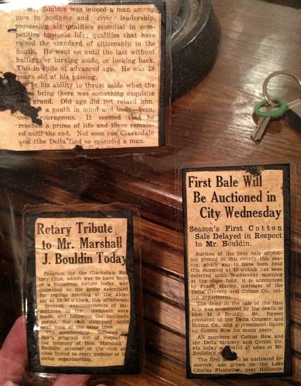 Newspaper clippings about Marshall Bouldin, prominent leader in Clarksdale and Coahoma County
