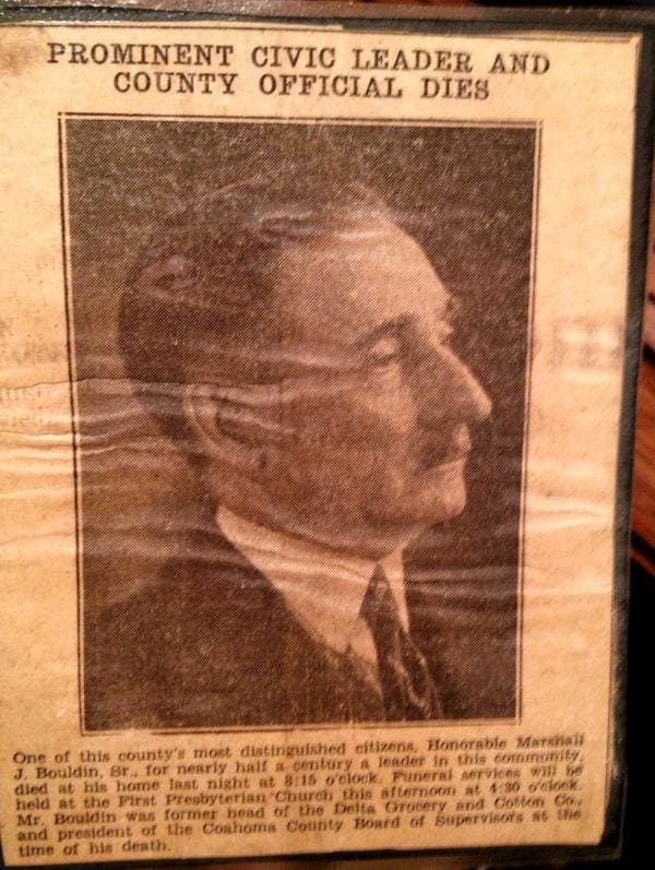 Notice in paper of death of Clarksdale prominent leader Marshall Bouldin