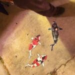 Three koi fish painted on a concrete floor.
