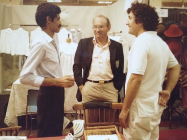 Kaka, Boudlin Marley and Founder of Putumayo Clothing and Putumayo World Music Dan Storper during a Boutique Show in New York City. Circa 1982.