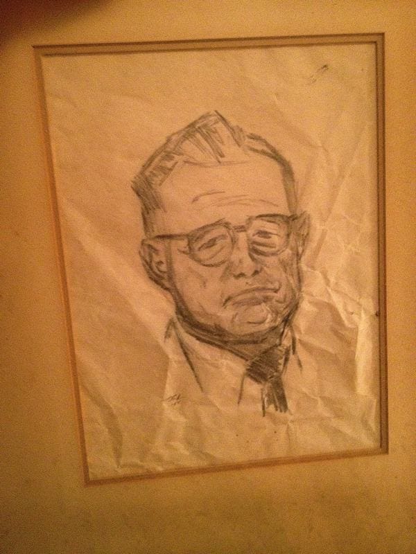 An early pencil sketch by artist Marshall Bouldin III of his father Marshall J. Bouldin, Jr., who was confused by his son's talent. Young Marshall retrieved the sketch out of the garbage can and held on to it unbeknownst to his father.