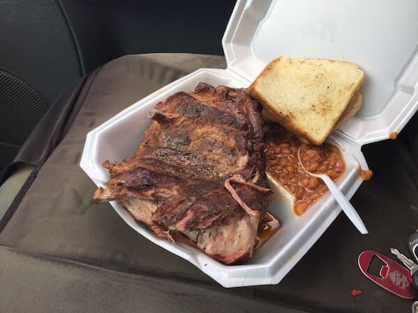 BBQ meal in a takeout container