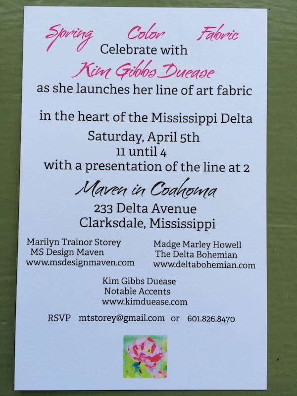 Invitation to Original Art Fabric launch by Kim Gibbs Duease