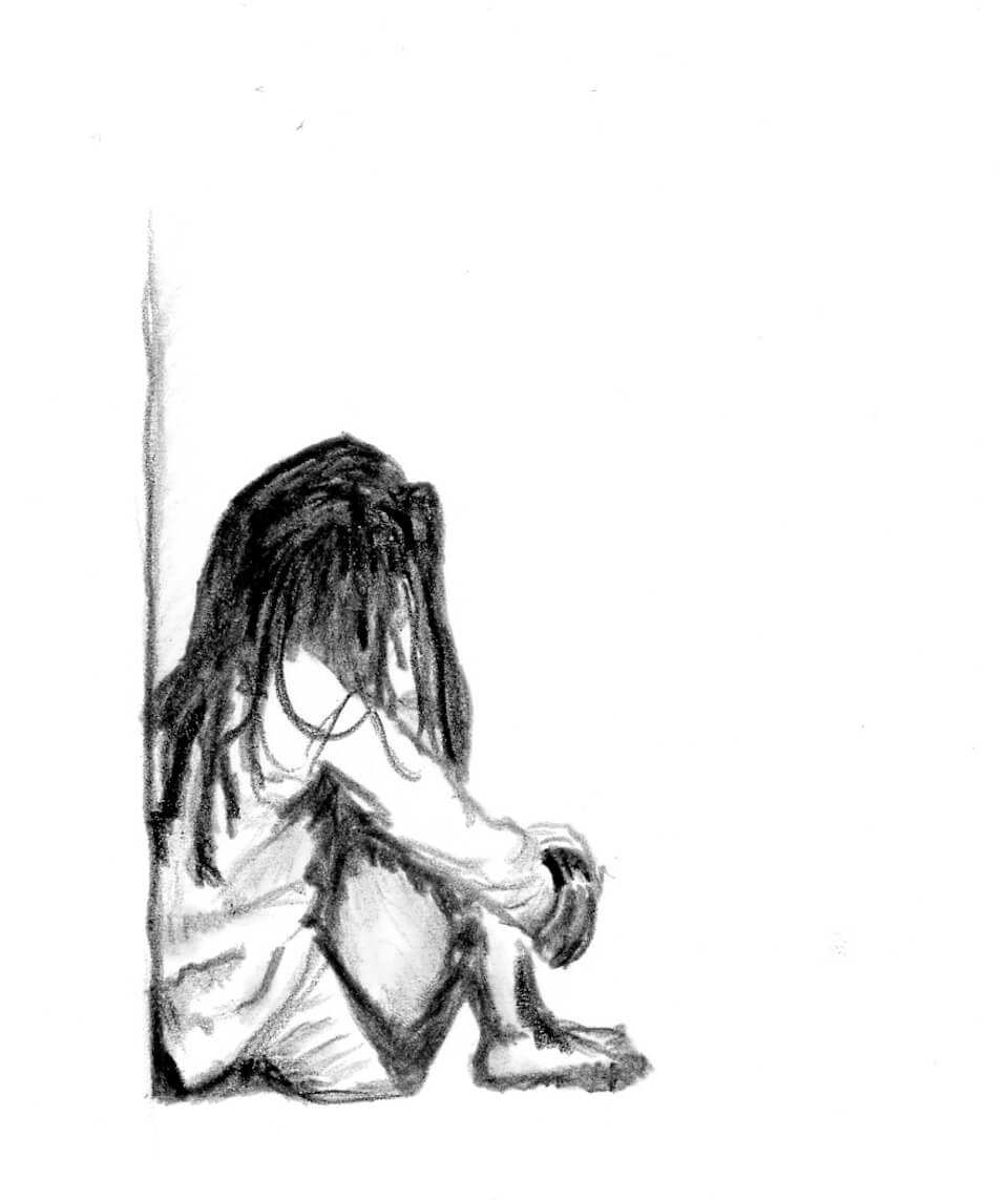 Black and white drawing of seated figure