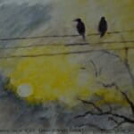 Two birds perched on a wire against a sunset.