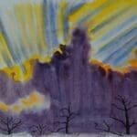 Watercolor painting of a stormy sky with trees.
