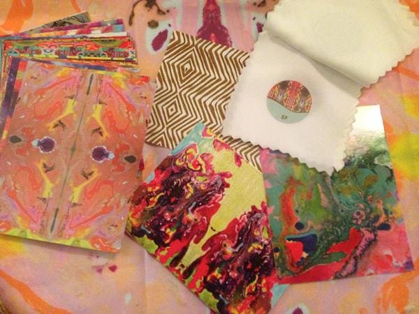 Work table collage of Original Art Fabric by Kim Duease