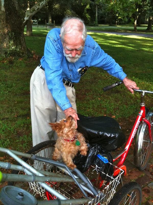 Artist Marshall Bouldin III outside his studio in Clarksdale, Mississippi with his beloved Tinkerbell.