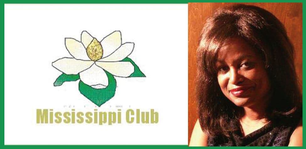 Woman next to Mississippi Club emblem