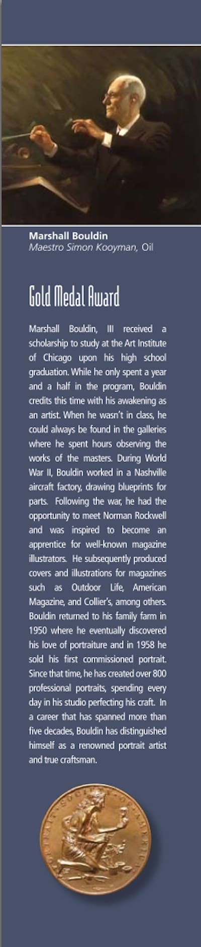Marshall Bouldin III from Clarksdale receives Gold Medal from Portrait Society of America at their conference "The Art of the Portrait" in Philadelphiia, PA.