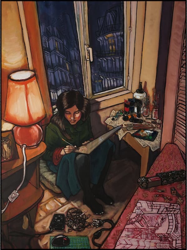 Cozy room with woman drawing by lamp