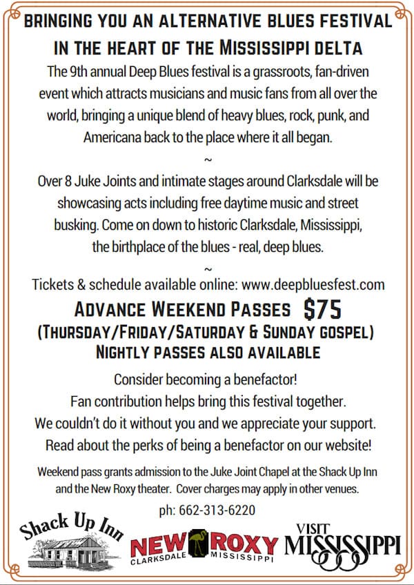 Information on DEEP BLUES FESTIVAL 2016 in Clarksdale, Mississippi.