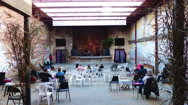 Outdoor venue with stage and seating