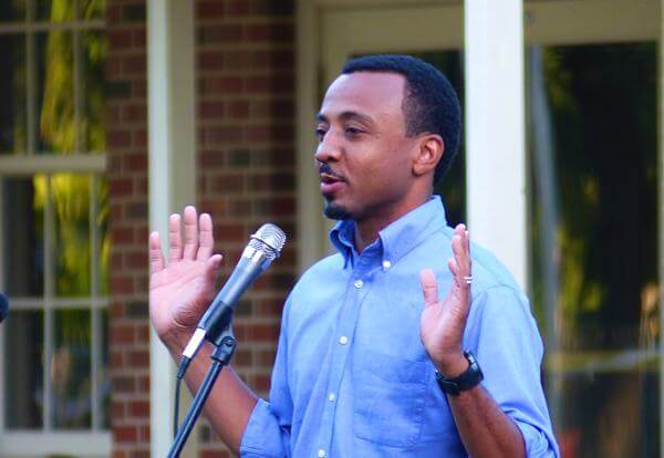 Associate Pastor Mark Webb addressing the community at a First Presbyterian Church picnic