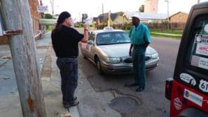 Clarksdale Taxi Cab Driver Roosevelt Noah, owner of Jolly Cab, being interviewed by Chilly Billy Howell