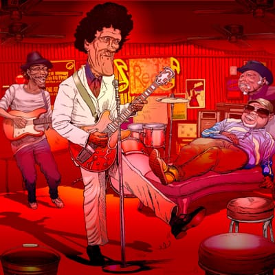 Colorful musicians performing in lively setting