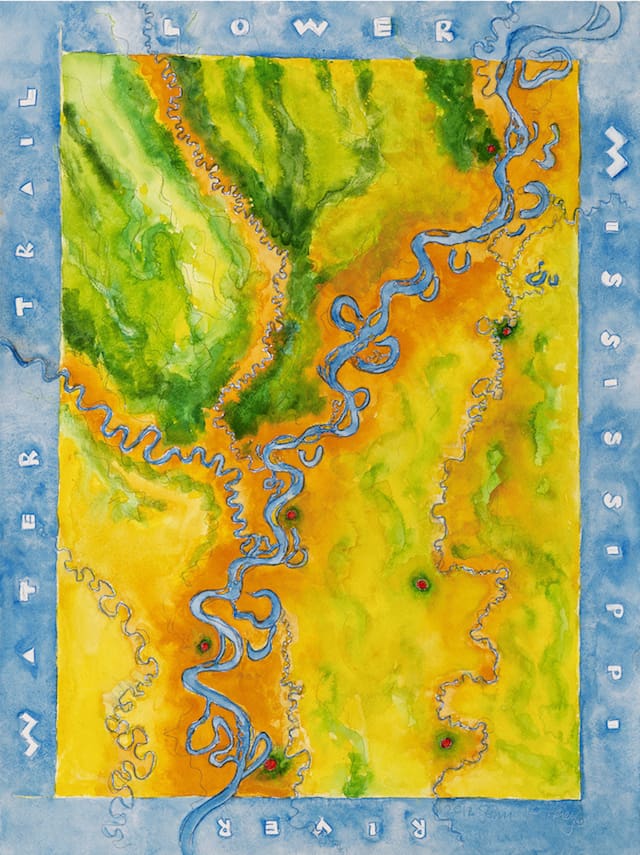 Vibrant watercolor map with blue river