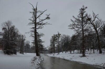 A lull in the flurries -- looking downstream from below City Hall at the Sunflower River in Clarksdale, MS in the heart of the Mississippi Delta
