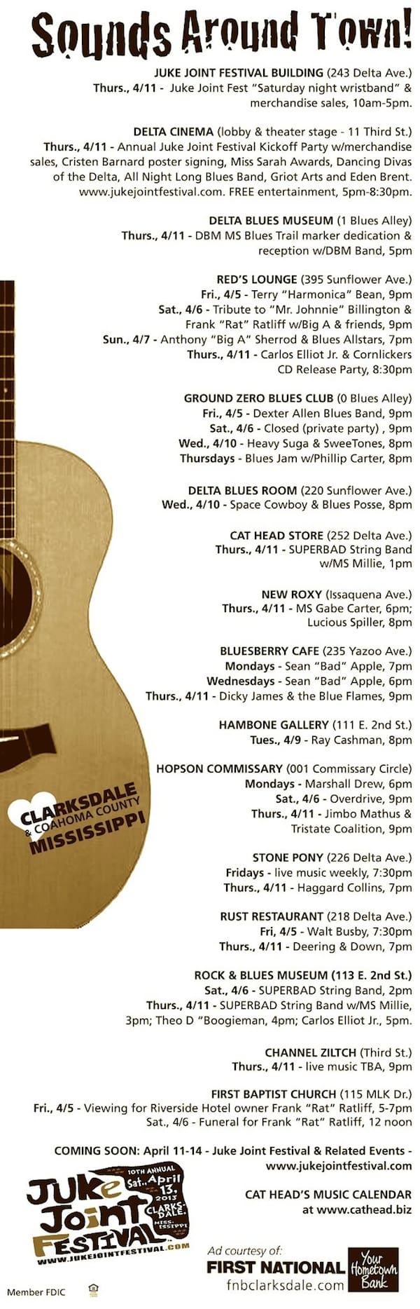 Music events schedule with guitar illustration