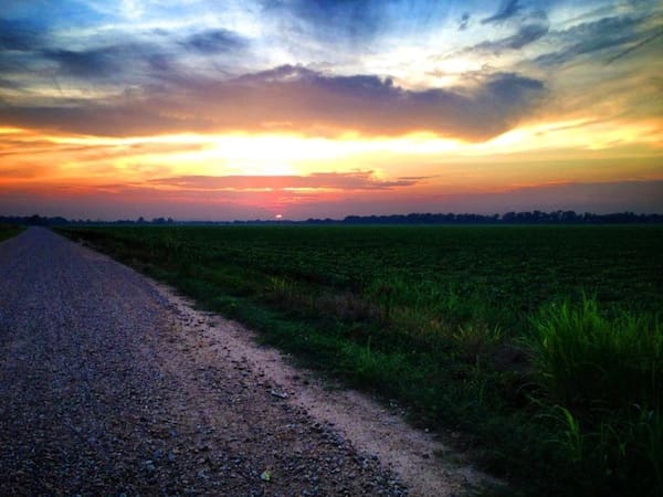 Sunset over rural field and dirt road.