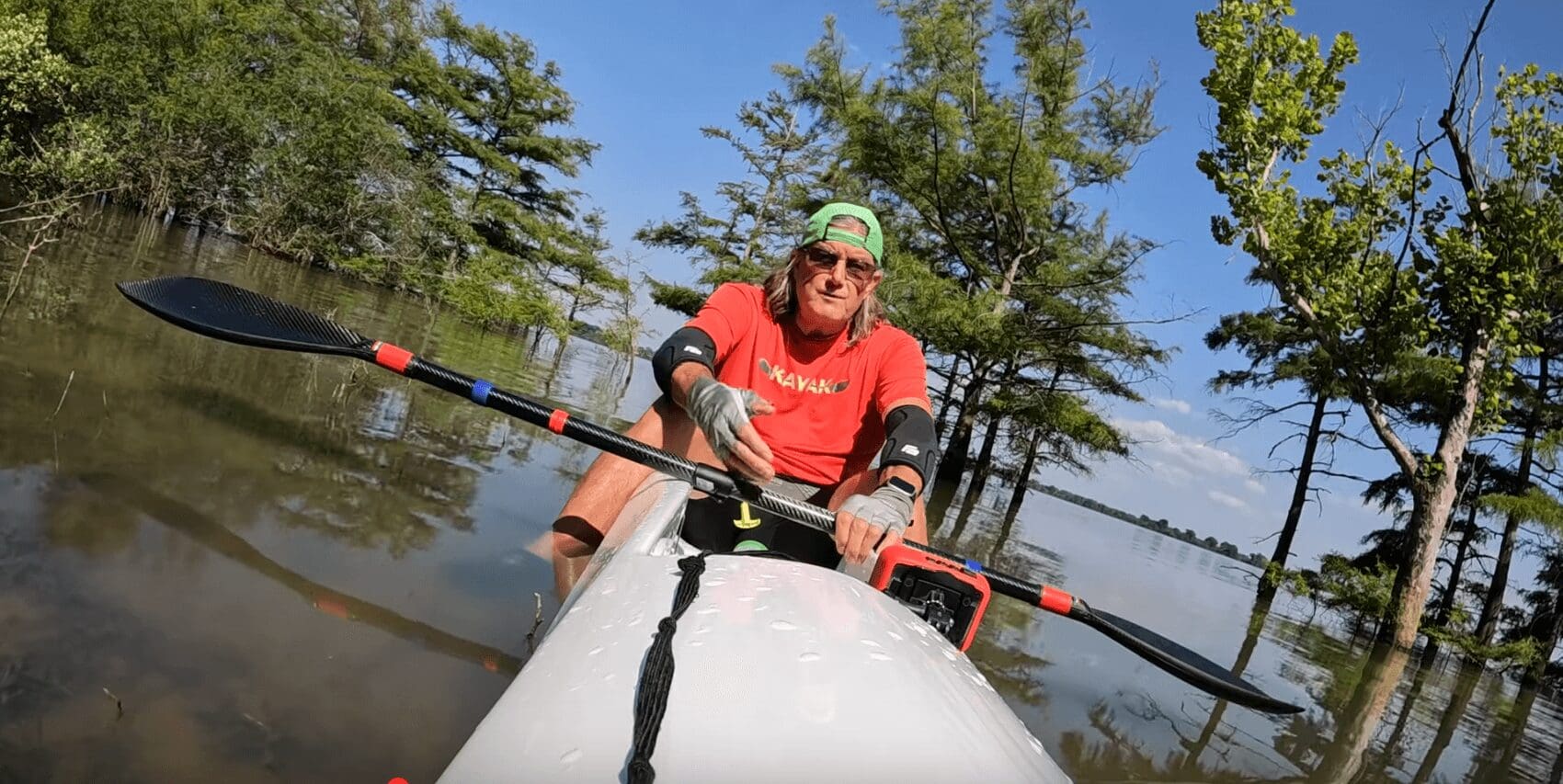 Man kayaking in scenic lake