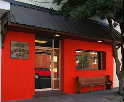 Bright red building facade and window