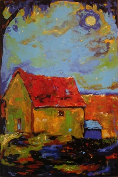 Vibrant landscape with red-roofed house