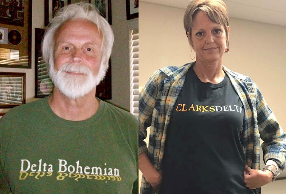 Pair showcasing Delta-themed clothing
