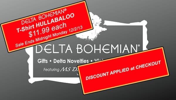 Red sale signs over Delta Bohemian logo
