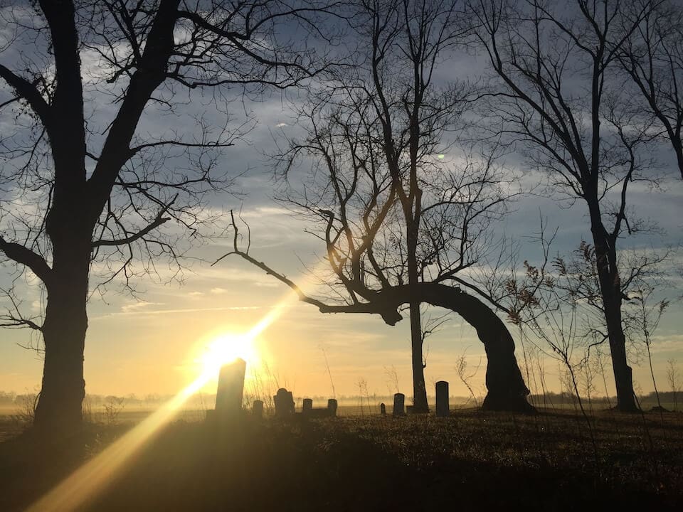 Morning sun illuminating a peaceful cemetery