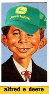 Cartoon character wearing John Deere cap