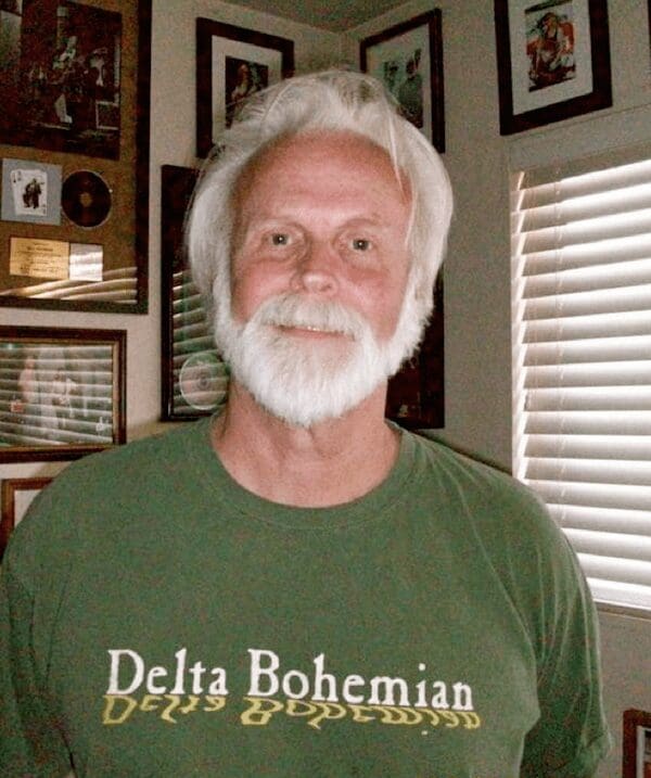 Bill Bowker sporting his Delta Bohemian First Edition T-shirt