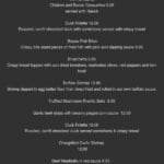 Restaurant menu with tapas and entrees.