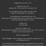 Restaurant menu with main courses and dessert.