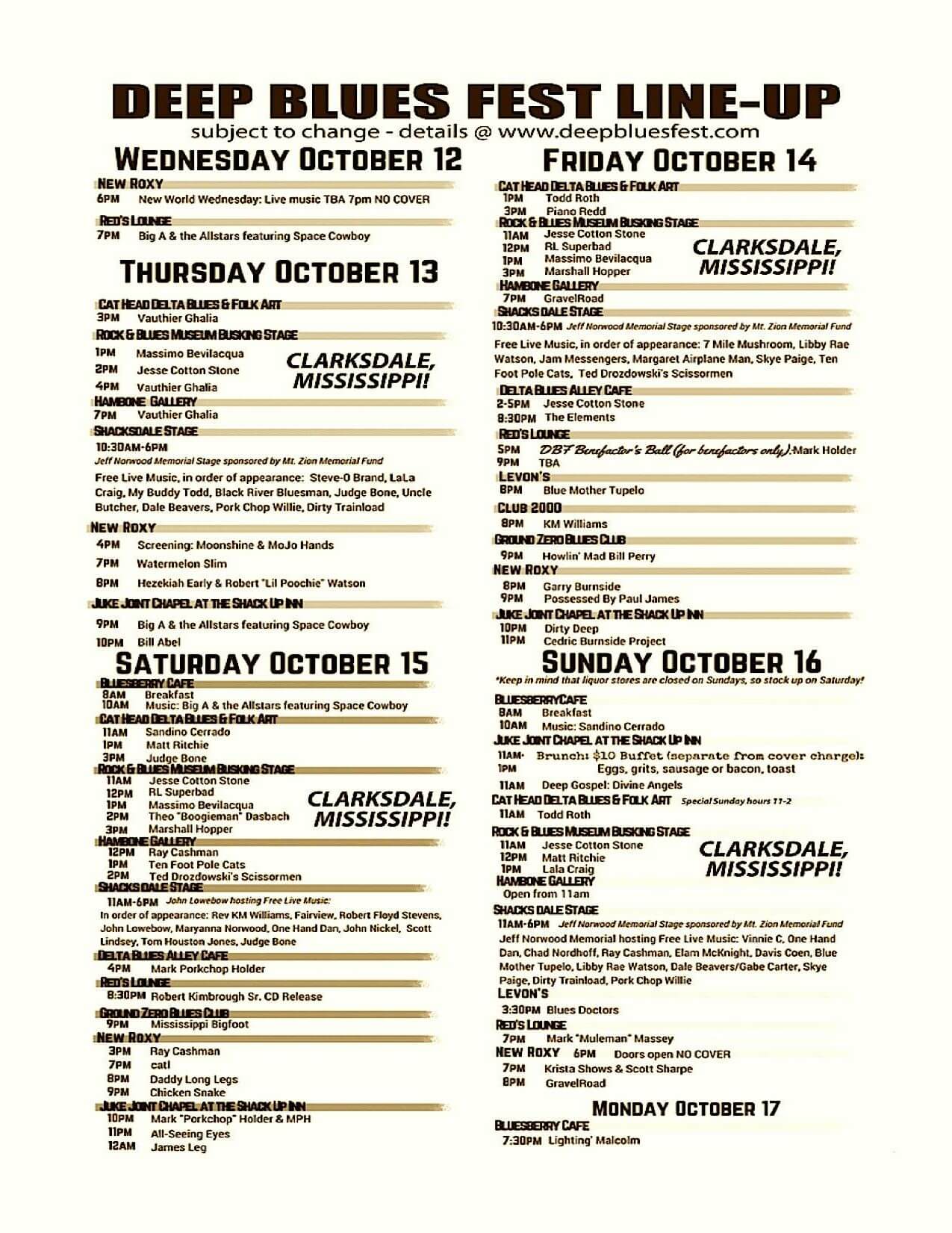 Event lineup for Deep Blues Fest