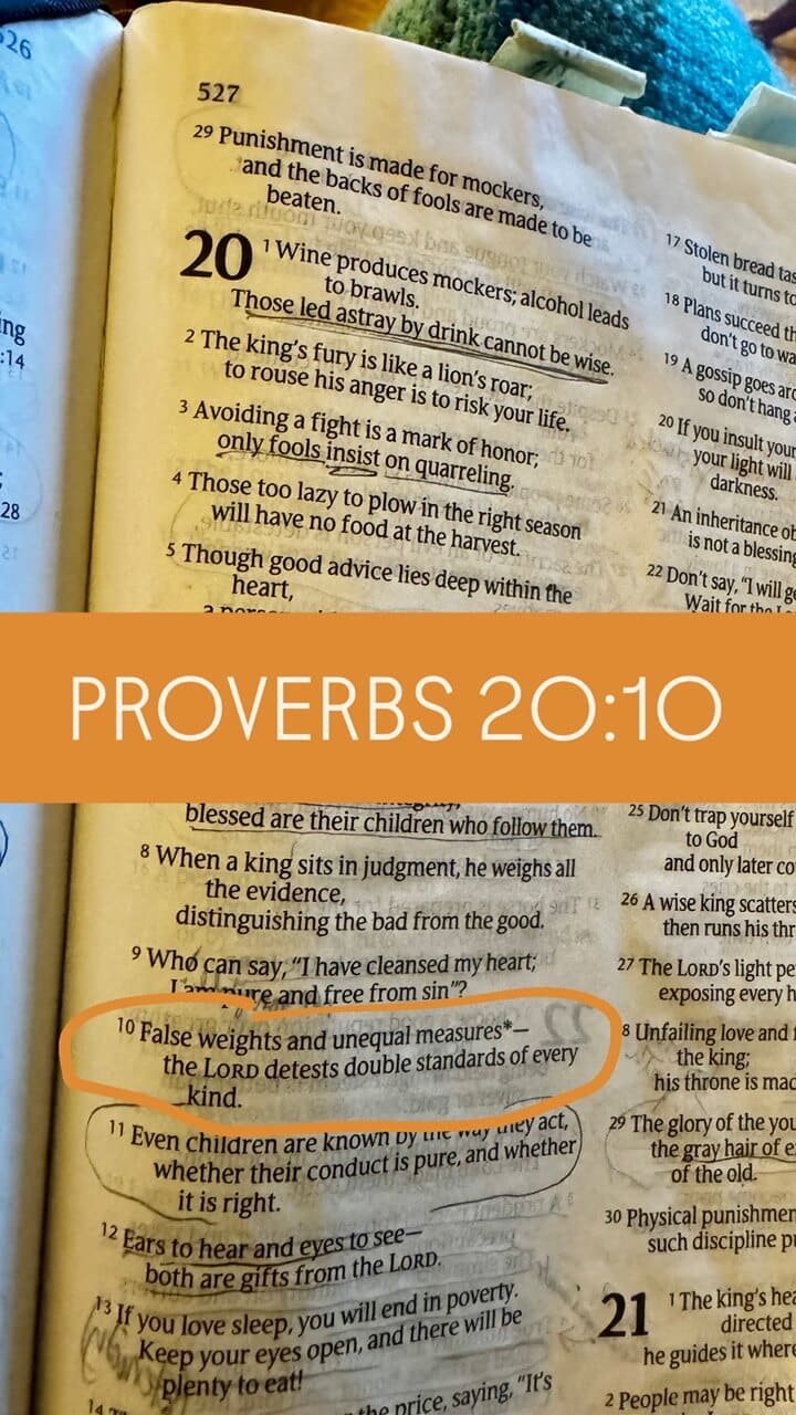 Bible page with Proverbs 20:10 circled