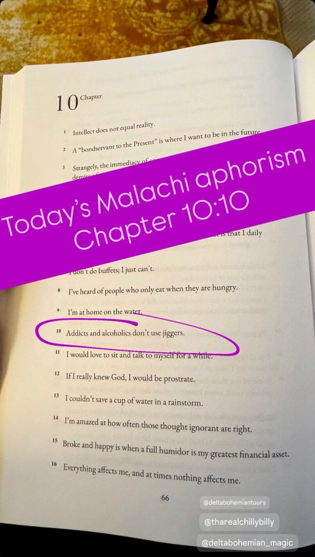 Book page with purple banner and circled aphorism