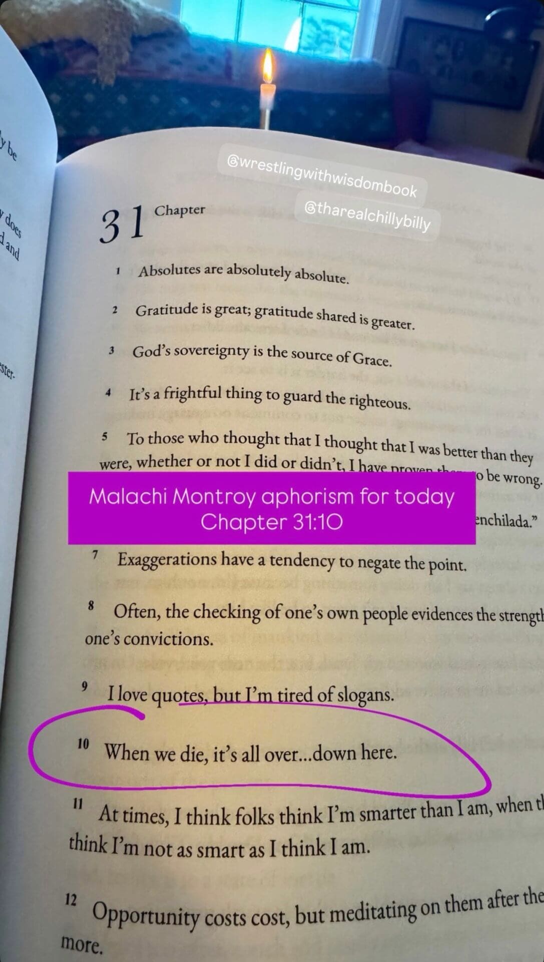 Open book page with circled aphorism